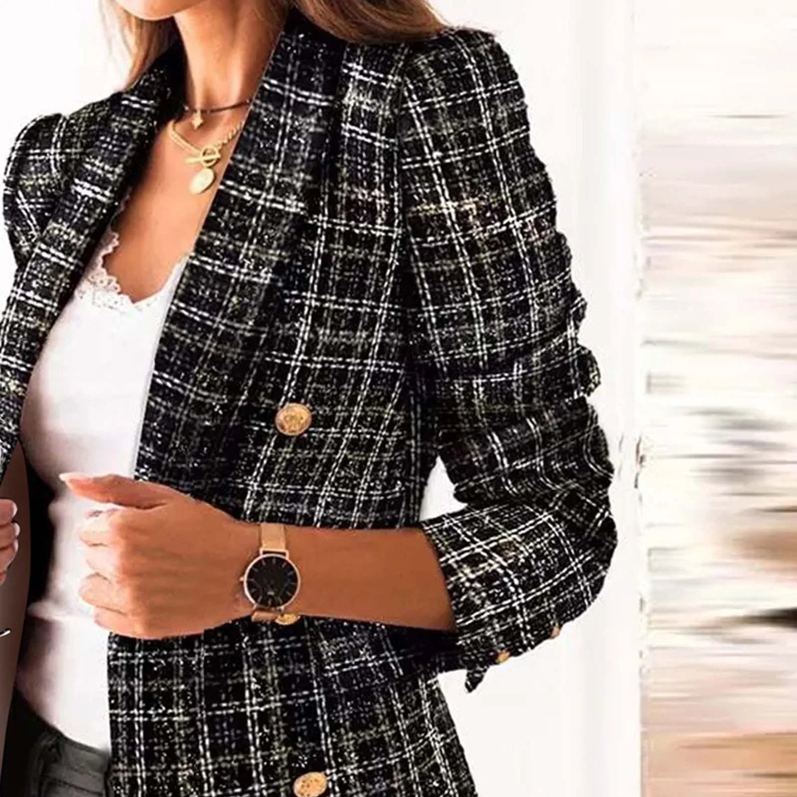 2024 Blazer Clearance Plaid Tweed Blazer Jacket for Women Casual Long Sleeve Double Breasted Lapel Office Fall Winter Coat with Pockets