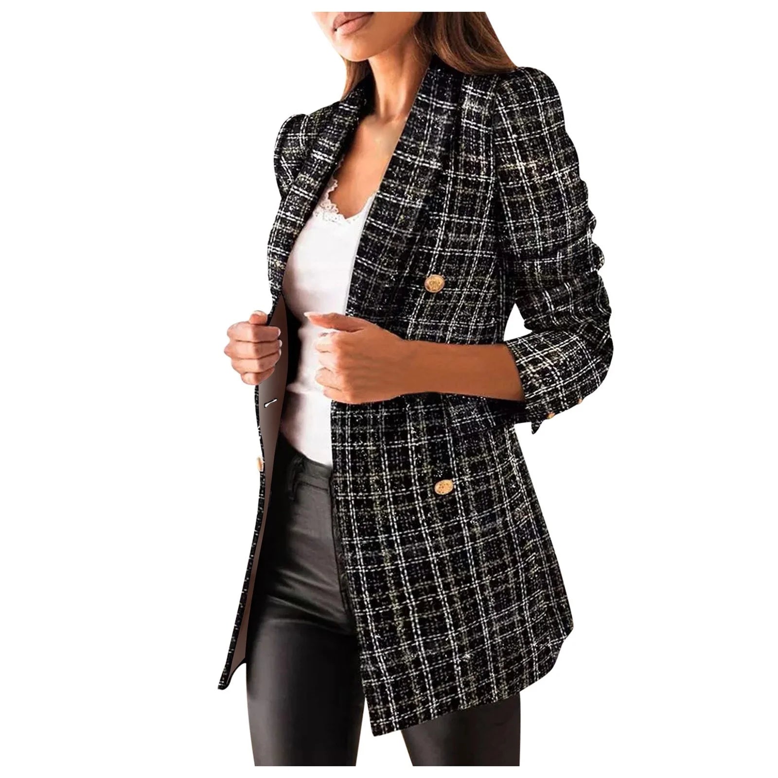 2024 Blazer Clearance Plaid Tweed Blazer Jacket for Women Casual Long Sleeve Double Breasted Lapel Office Fall Winter Coat with Pockets