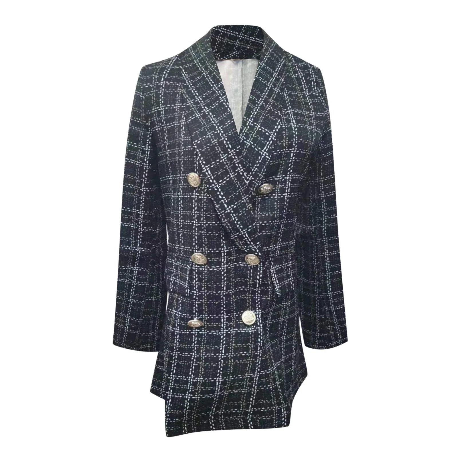 2024 Blazer Clearance Plaid Tweed Blazer Jacket for Women Casual Long Sleeve Double Breasted Lapel Office Fall Winter Coat with Pockets